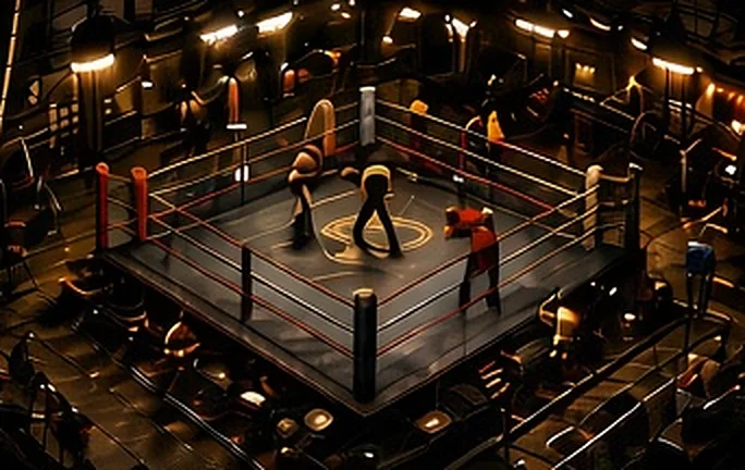 A fight gym from above with a ring in the middle and bags around it.