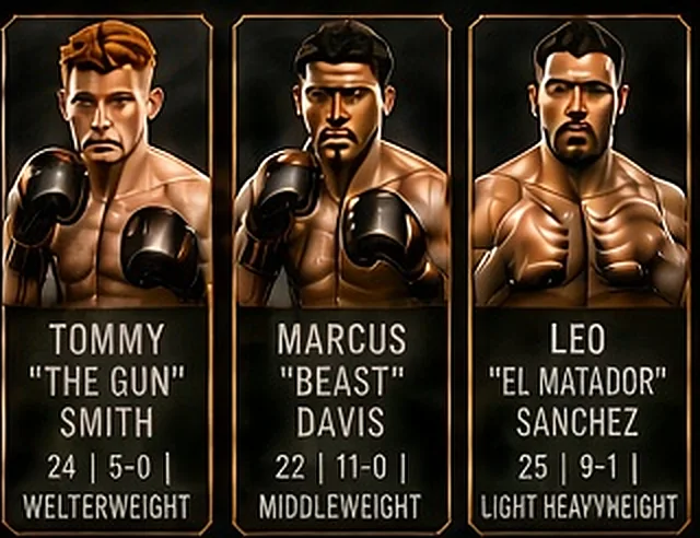 Three scout cards showing young fighters with their age, record and weight class.
