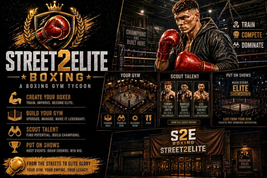 The Street2Elite concept sheet with the logo, a boxer, the gym, scout cards, a fight poster and the gym from outside.