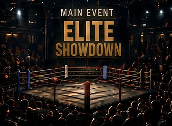 A main event poster over a lit ring and a dark crowd.