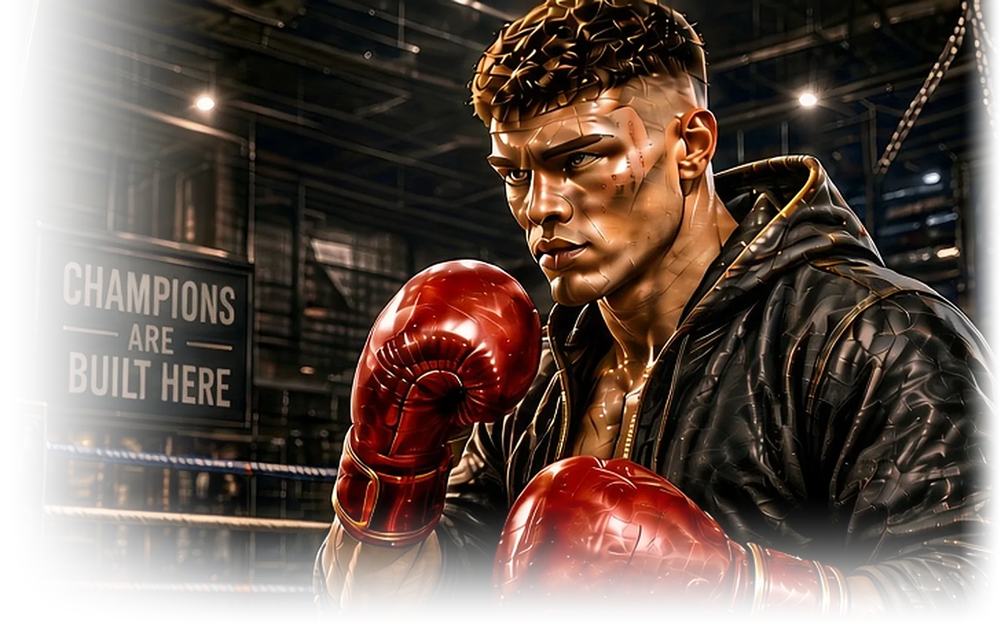 A young boxer in a black hoodie with red gloves raised.